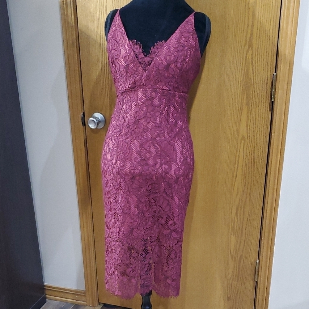 Bardot Burgandy Lace Sheath Midi Dress Spaghetti Strap